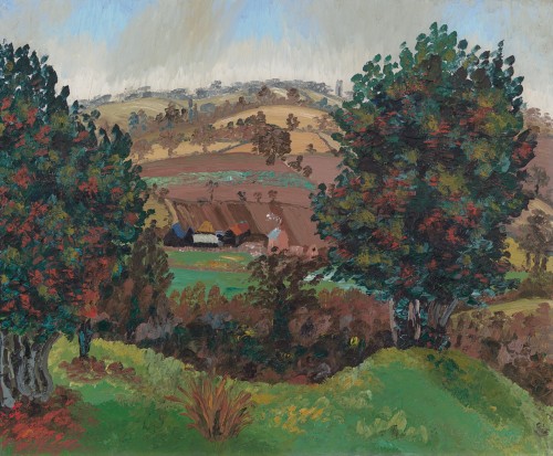 Sir Cedric Lockwood  Morris, 9th Bt. - A Suffolk landscape with Steps Farm and Stoke-by-Nayland church