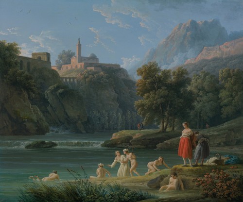 Claude Joseph Vernet - A mountainous landscape with young women bathing in a river