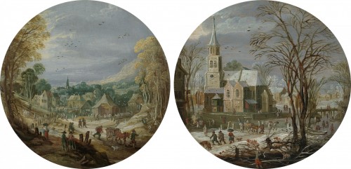 Joos de Momper The Younger - A winter landscape with travellers passing through a village by a church; A landscape with travellers and villagers going to market A pair