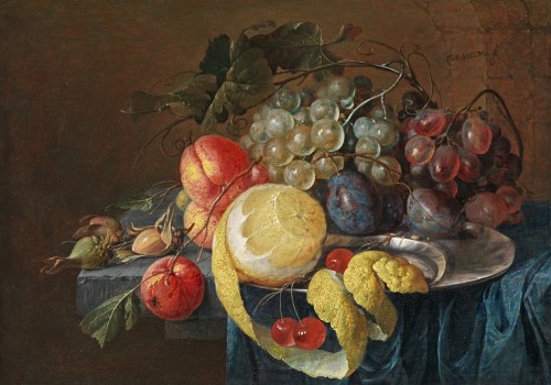 Cornelis de Heem - Still life of fruit on a hardstone slab, partly covered with a blue cloth