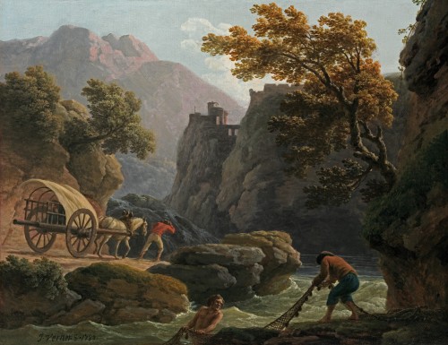 Claude Joseph Vernet - Mountainous river landscape with two fisherman casting a net
