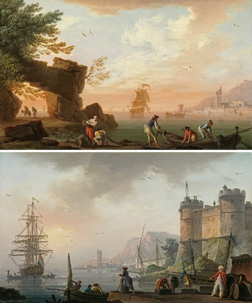 CHARLES-FRANÇOIS GRENIER DE LACROIX called LACROIX DE MARSEILLE - Sunrise: Levantine merchants on a quay below a castle, a Dutch man-of-war at anchor beyond Sunset: fishermen preparing their nets, a port and a Dutch man-of-war beyond