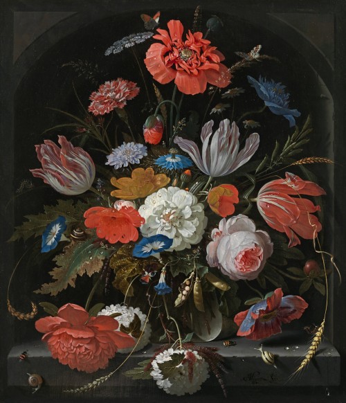 Abraham Mignon - Still life of roses, tulips, poppies,morning glory, love-in-a-mist,scabious and other flowers in a glassvase in a stone niche, with insects andsnails