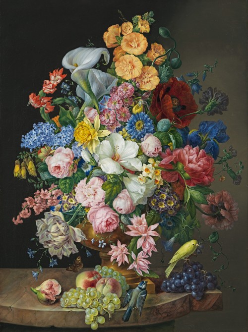 Frans Xaver Petter - Still life of roses, arum lilies, a peony, lilac, hollyhocks and other flowers in an urn, with a bluetit, a canary and a Meadow Brown butterfly (Maniola jurtina) and fruit on a marble ledge