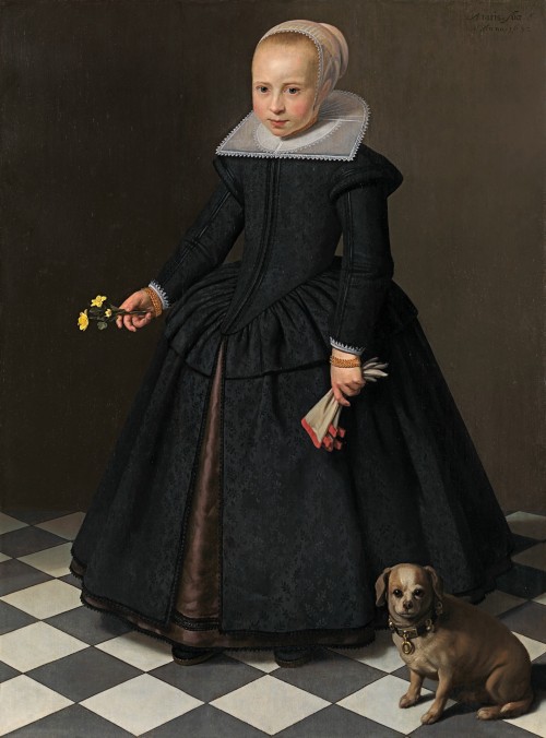 Dirck Santvoort - Young girl holding buttercups,with a dog beside her