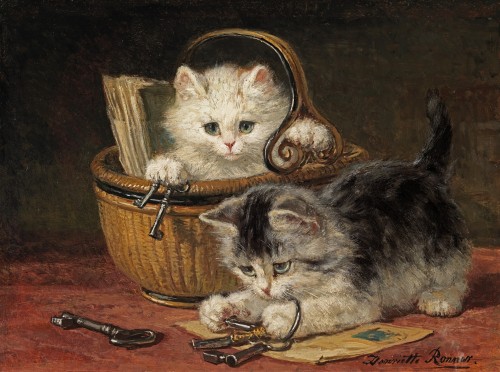Henriette Ronner-Knip - Two kittens playing with keys by a wicker basket