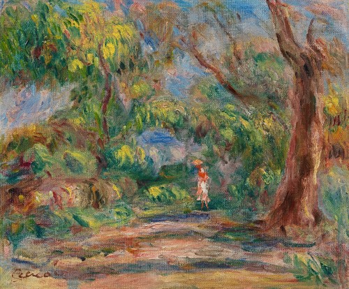 Pierre-Auguste Renoir - Paysage, allée de ferme avec femme en rouge et blanc