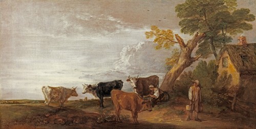 Thomas Gainsborough - Open landscape with a peasant, a milkmaid, four cows and a cottage