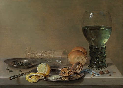 Willem Claesz Heda - A still life of a rummer of white wine, a mother-of-pearl inlaid knife, a gilt-brass clockwatch with a blue ribbon, a pewter plate with capers, a peeled lemon and a façon-de-Venise wineglass on a table