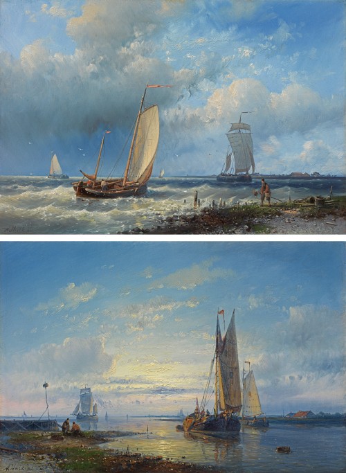 Abraham Hulk Snr - Fishing boats on a breezy day; Fishing boats in a calm at sunrise
