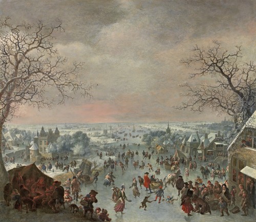 Jan Griffier - A winter landscape with figures skating and merrymaking by a tavern