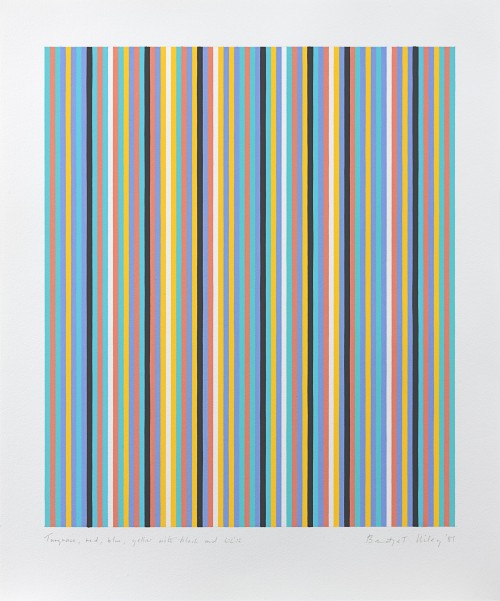 Bridget Riley - Turquoise, red, blue, yellow with black and white