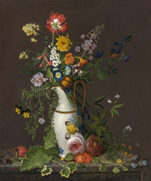 Still life of flowers in a jug on a stone ledge